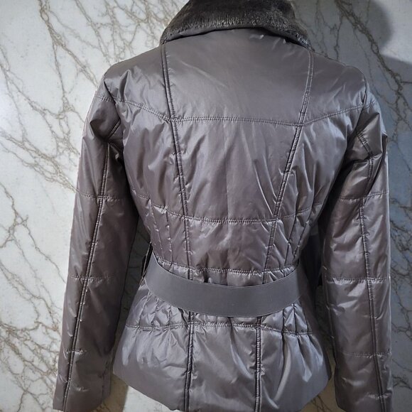 NY&CO Jacket Faux Fur Trim Packable Nylon Puffer Jacket size S color Silver - Picture 6 of 10
